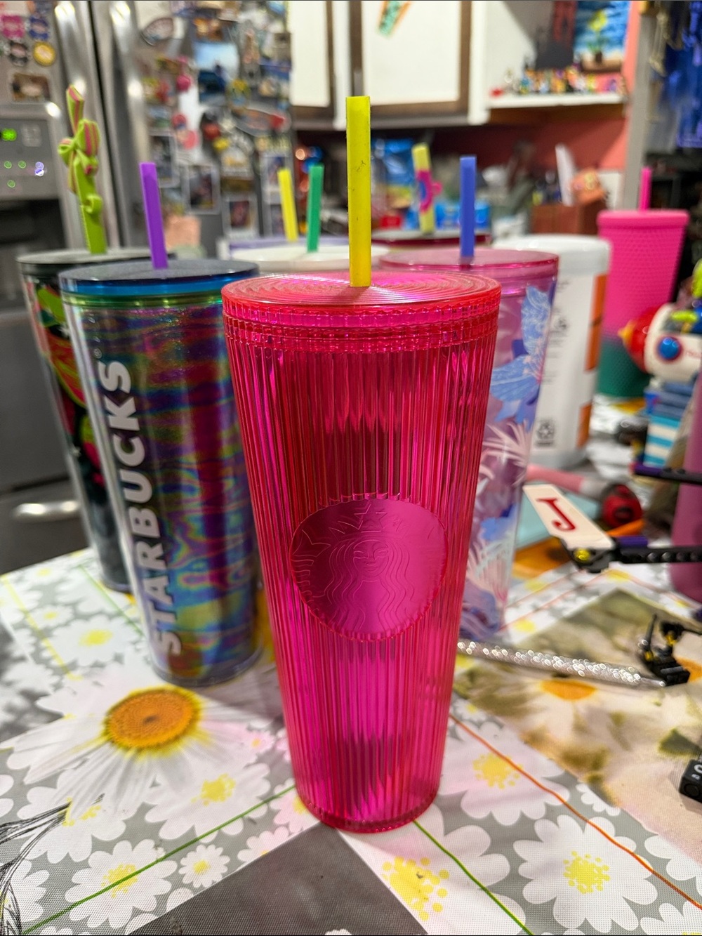 Starbucks Hot Pink Ribbed Tumbler with Yellow Straw